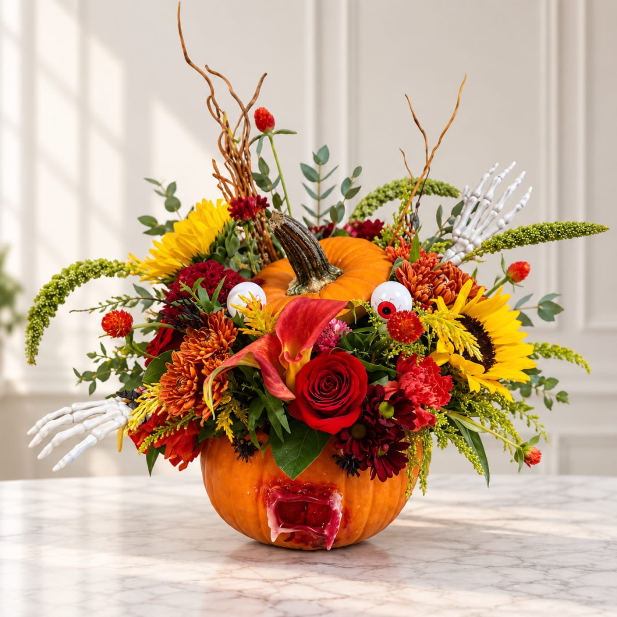 Halloween pumpkin arrangement with red, orange, and yellow flowers