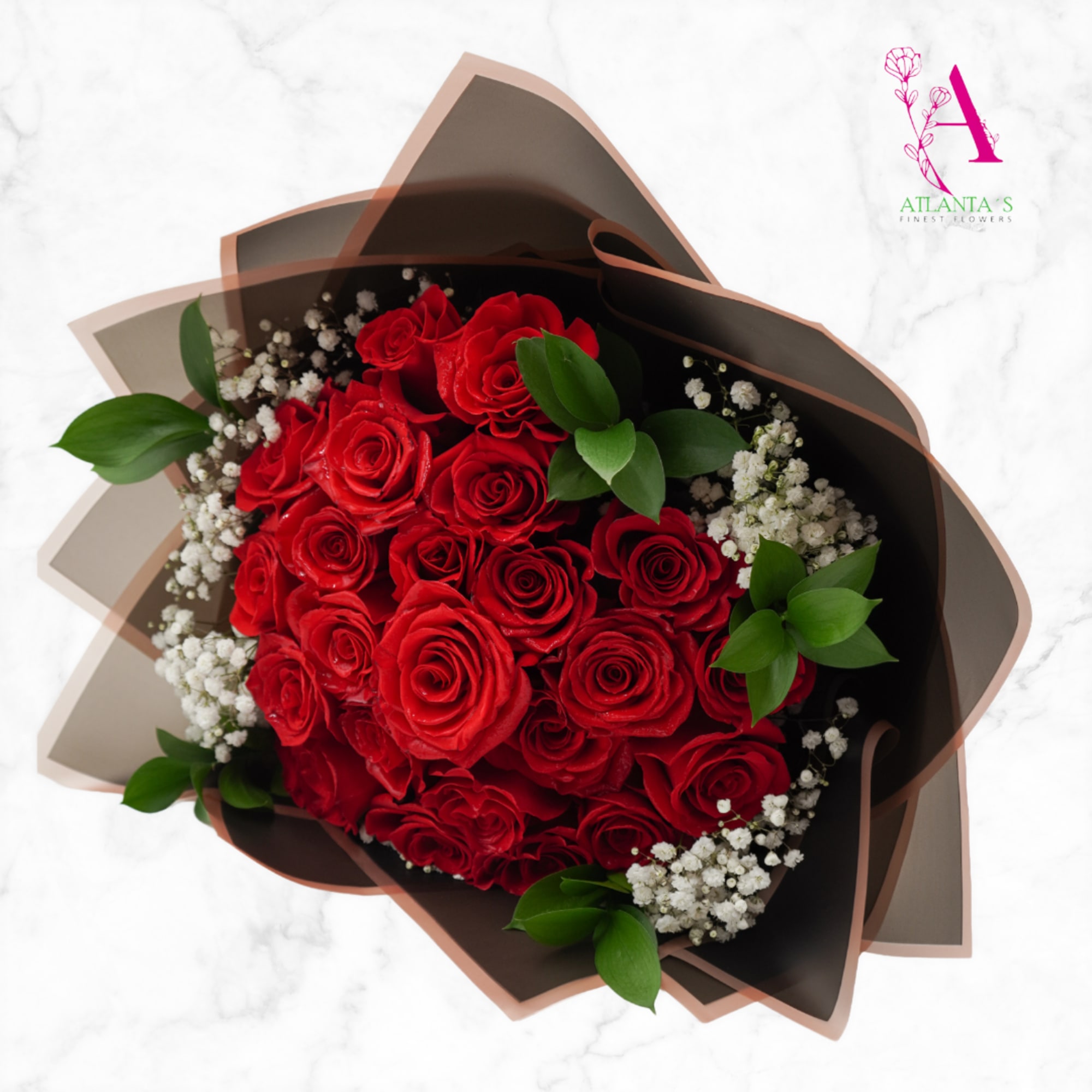 Bouquet of red roses with white baby's breath in dark wrap, photo 2 of 2