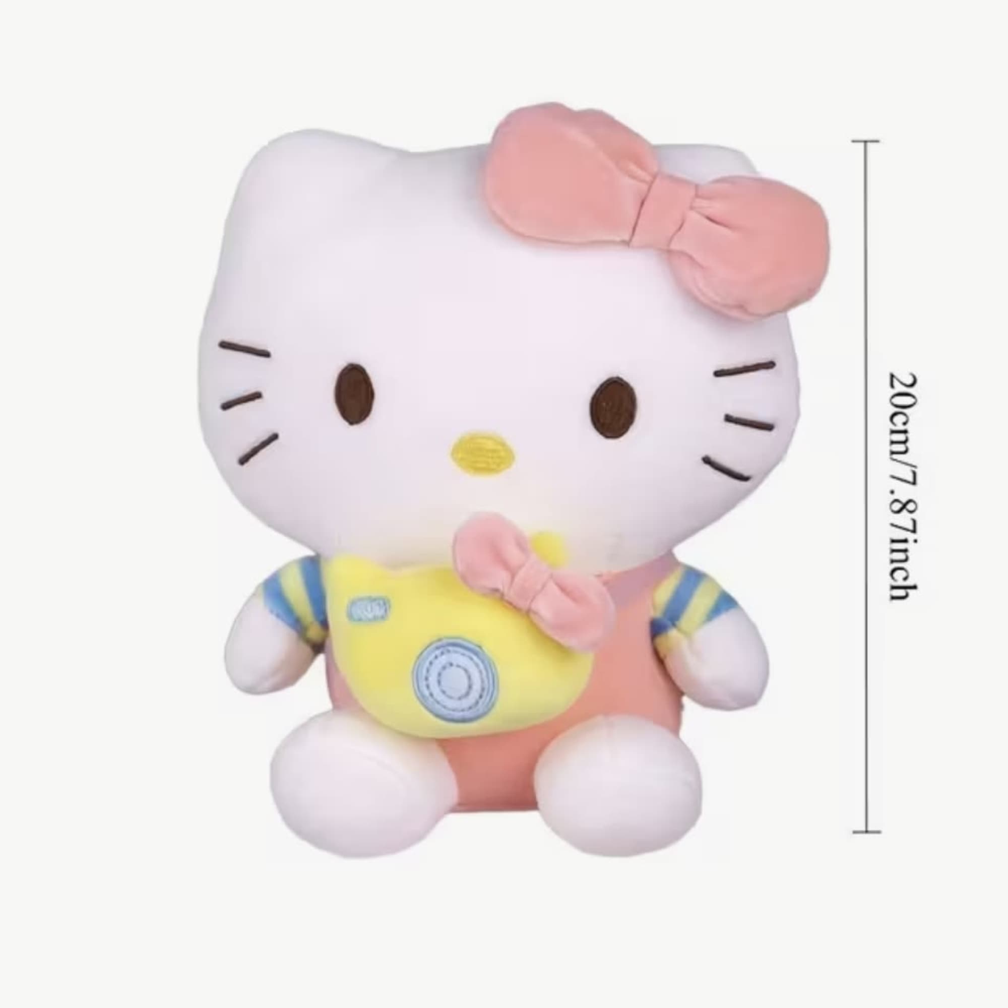 Hello Kitty plush toy with a pink bow and yellow outfit