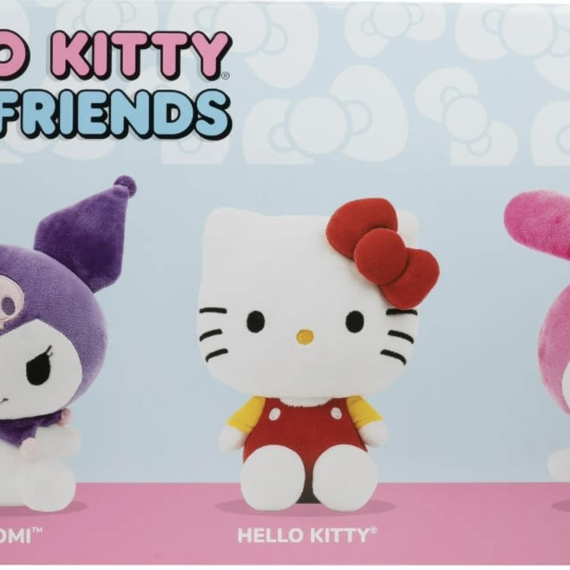 Boxed Hello Kitty and Friends plush toys in purple, white, and pink