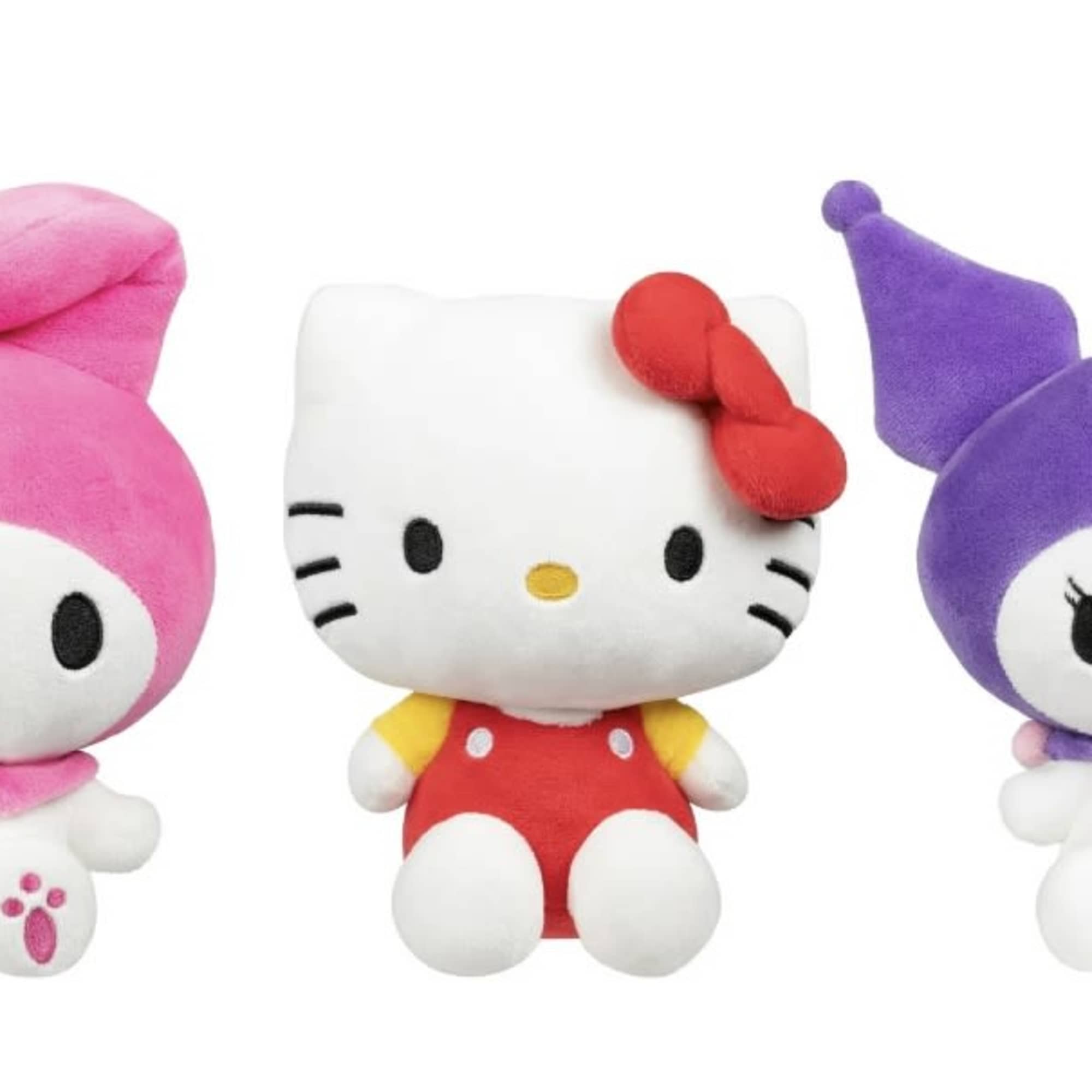Three plush character toys in pink, red, and purple on a white background.