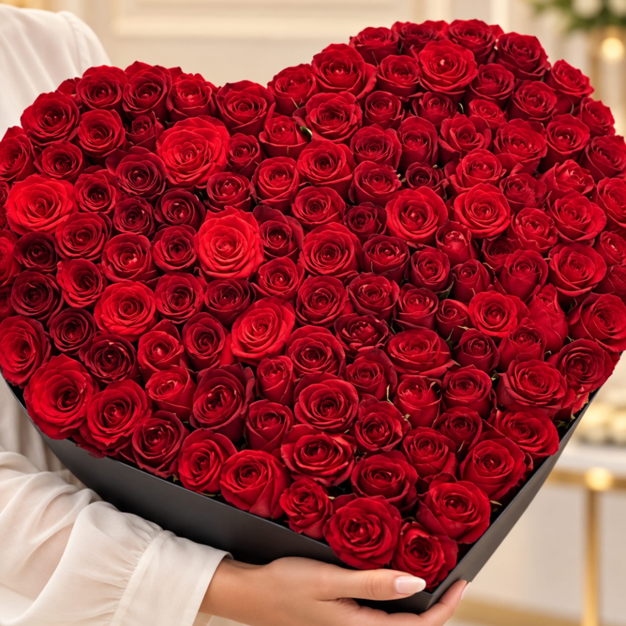 Heart-shaped box filled with red roses being held in two hands