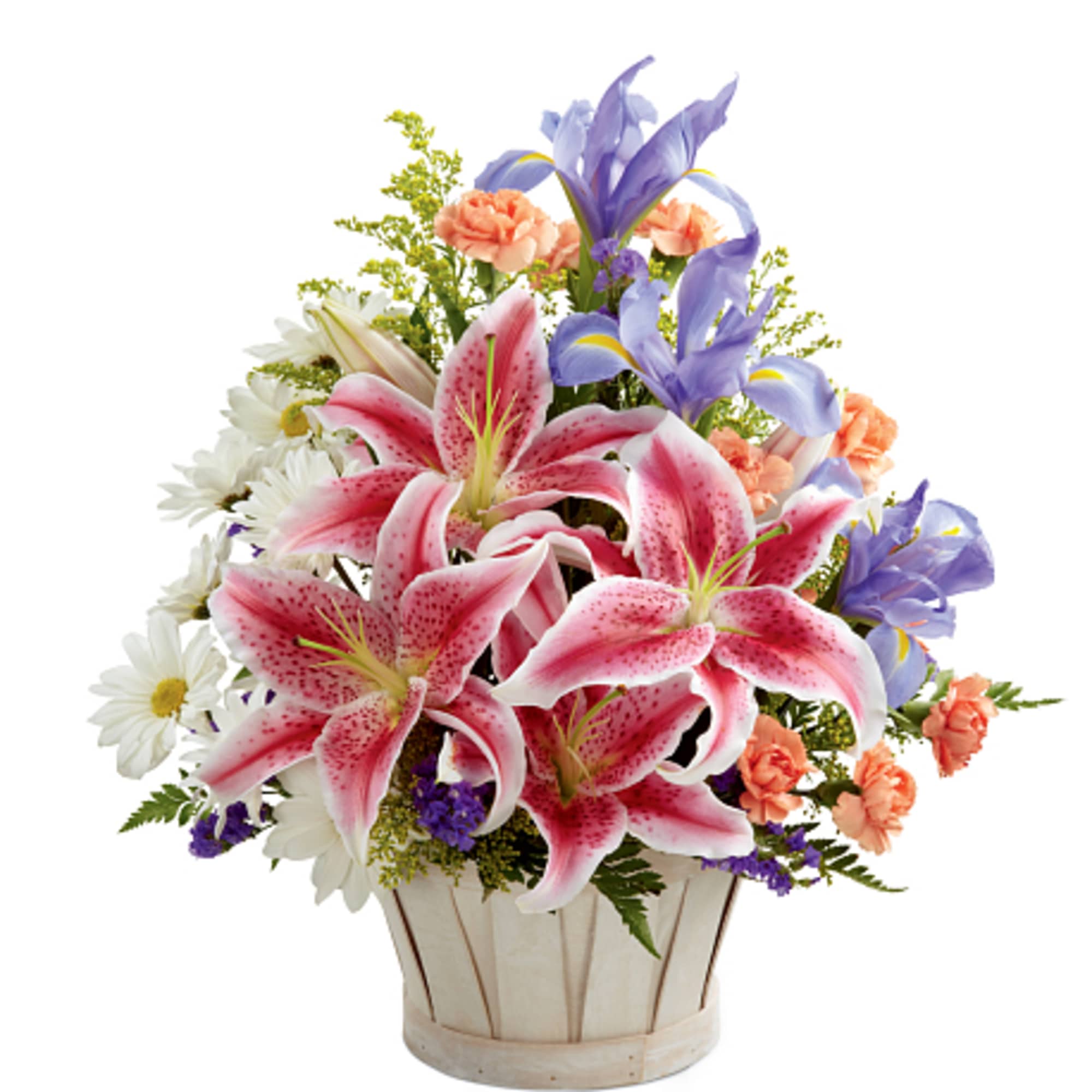 Pink lilies and purple irises in a white basket with daisies and carnations