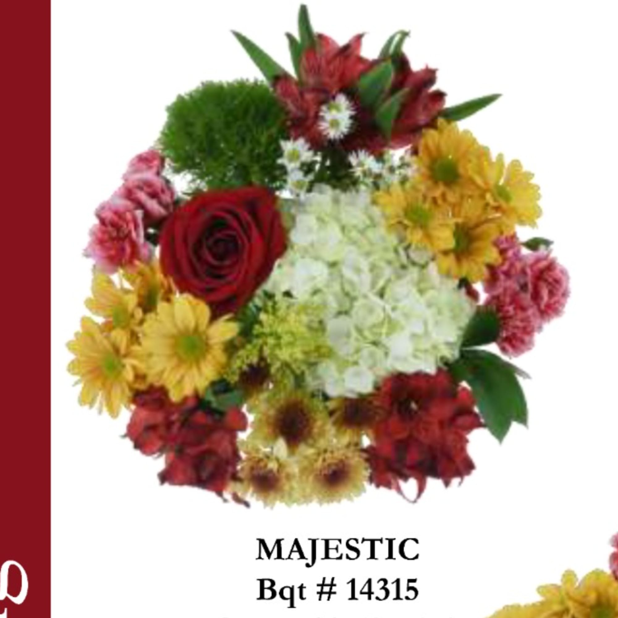 Mixed bouquet with red roses, white hydrangea, and yellow daisies