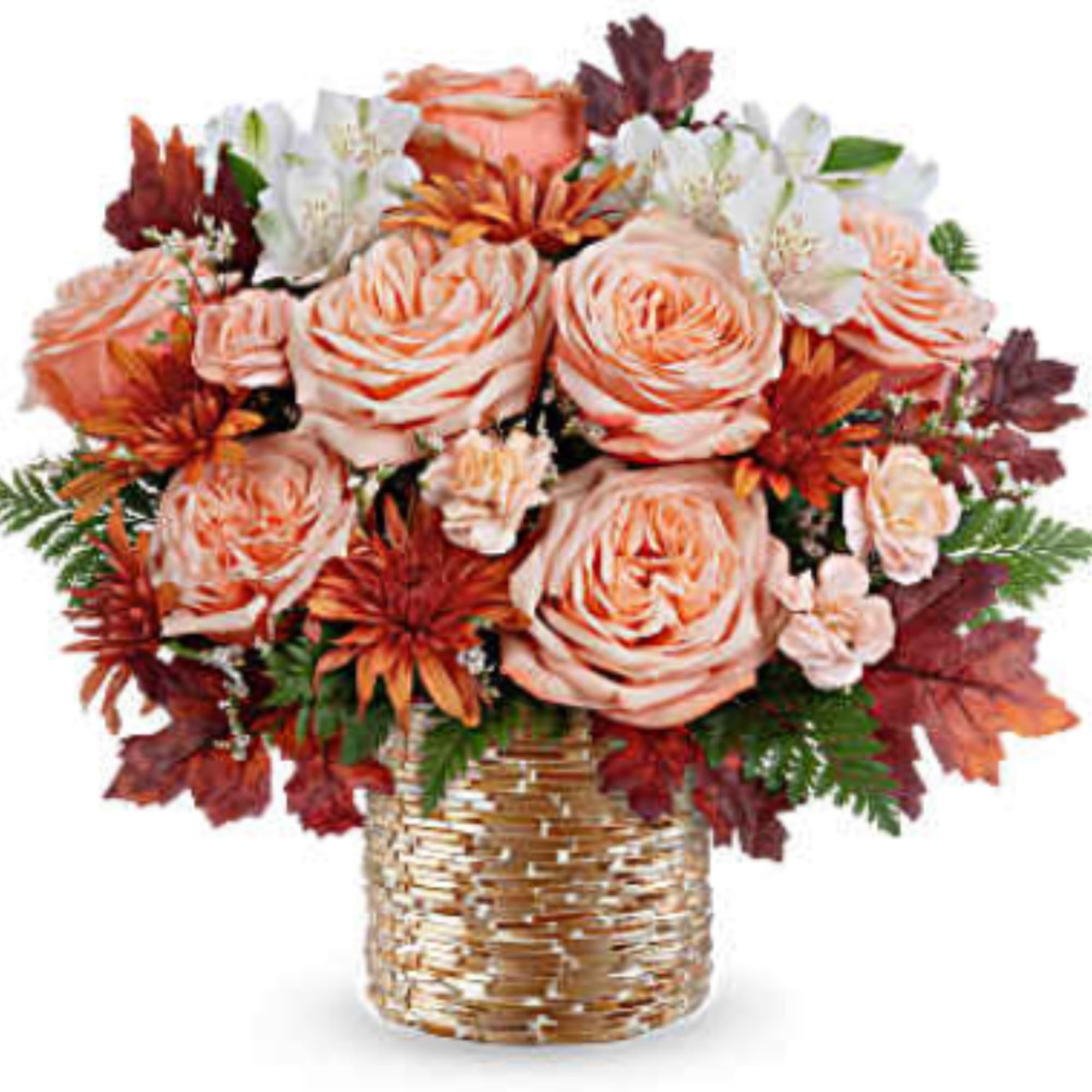 Peach roses and white flowers in a woven basket vase