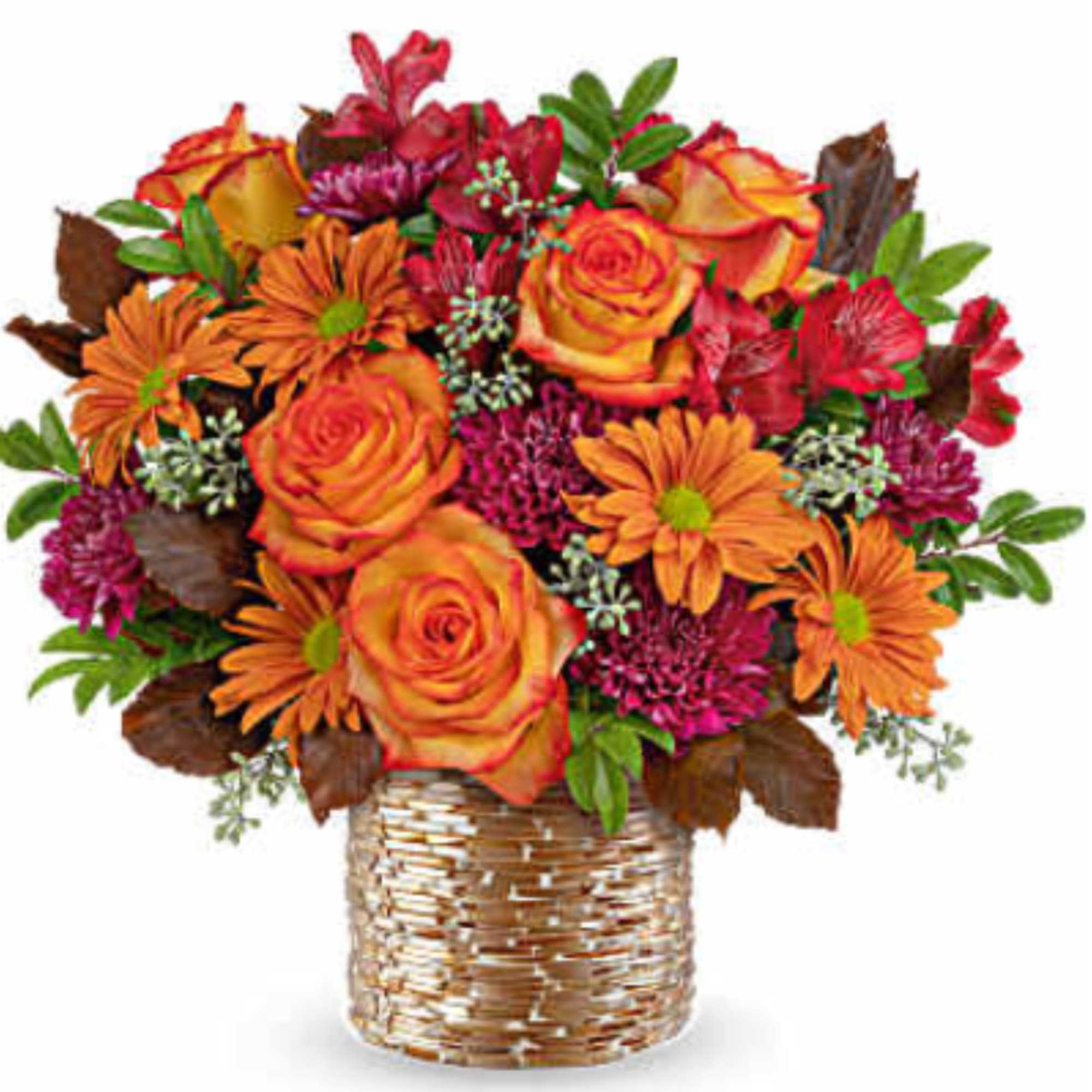 Orange roses and mums in a woven basket vase