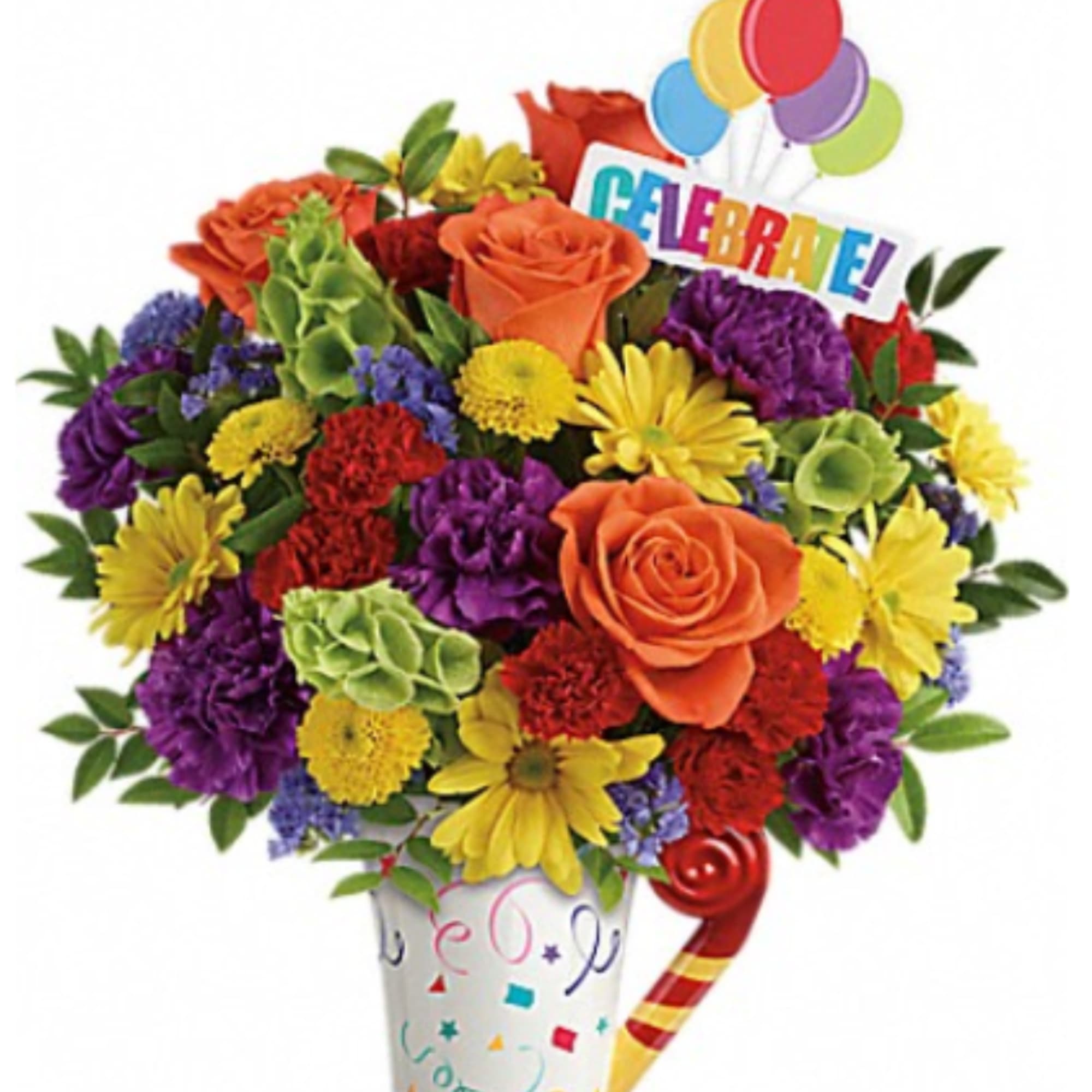 Colorful bouquet in a decorated vase with balloons and a celebrate sign