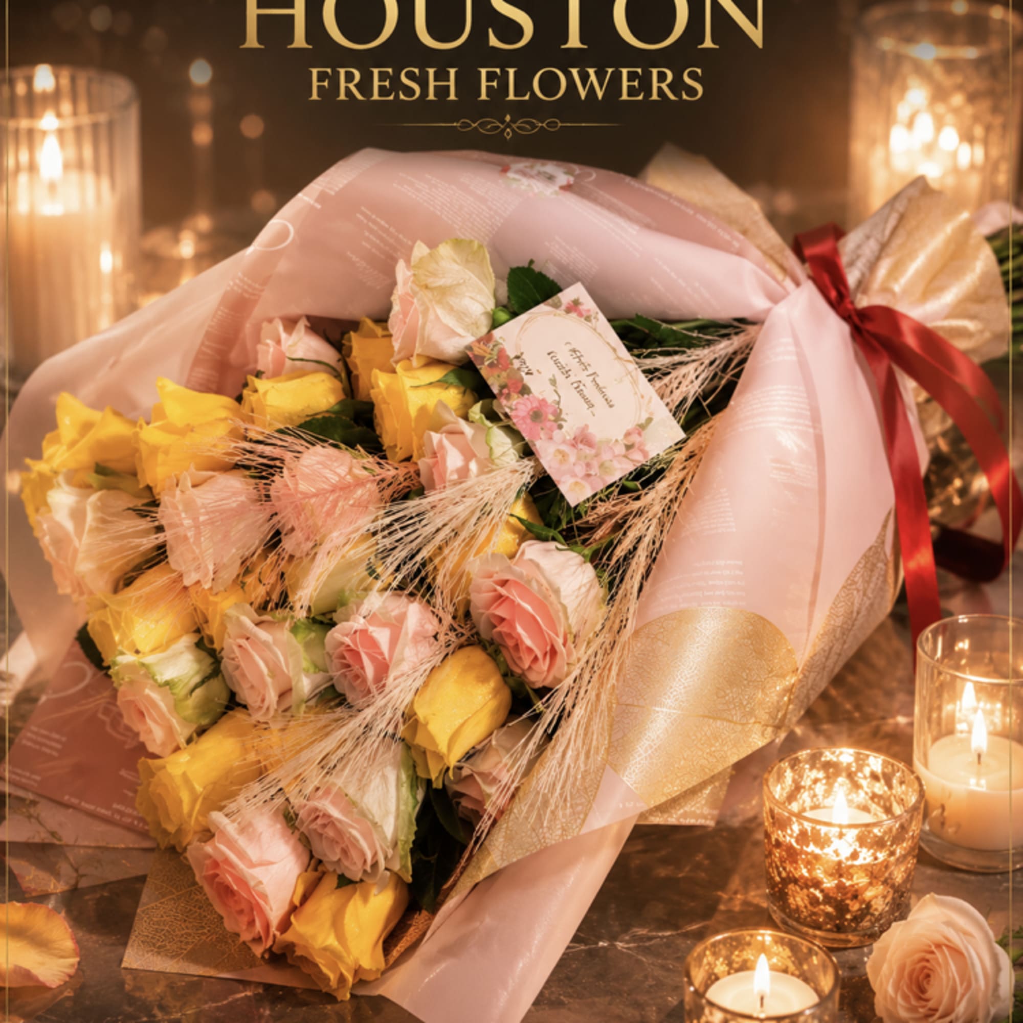 Bouquet of pink and yellow roses wrapped in pale pink paper with candles nearby