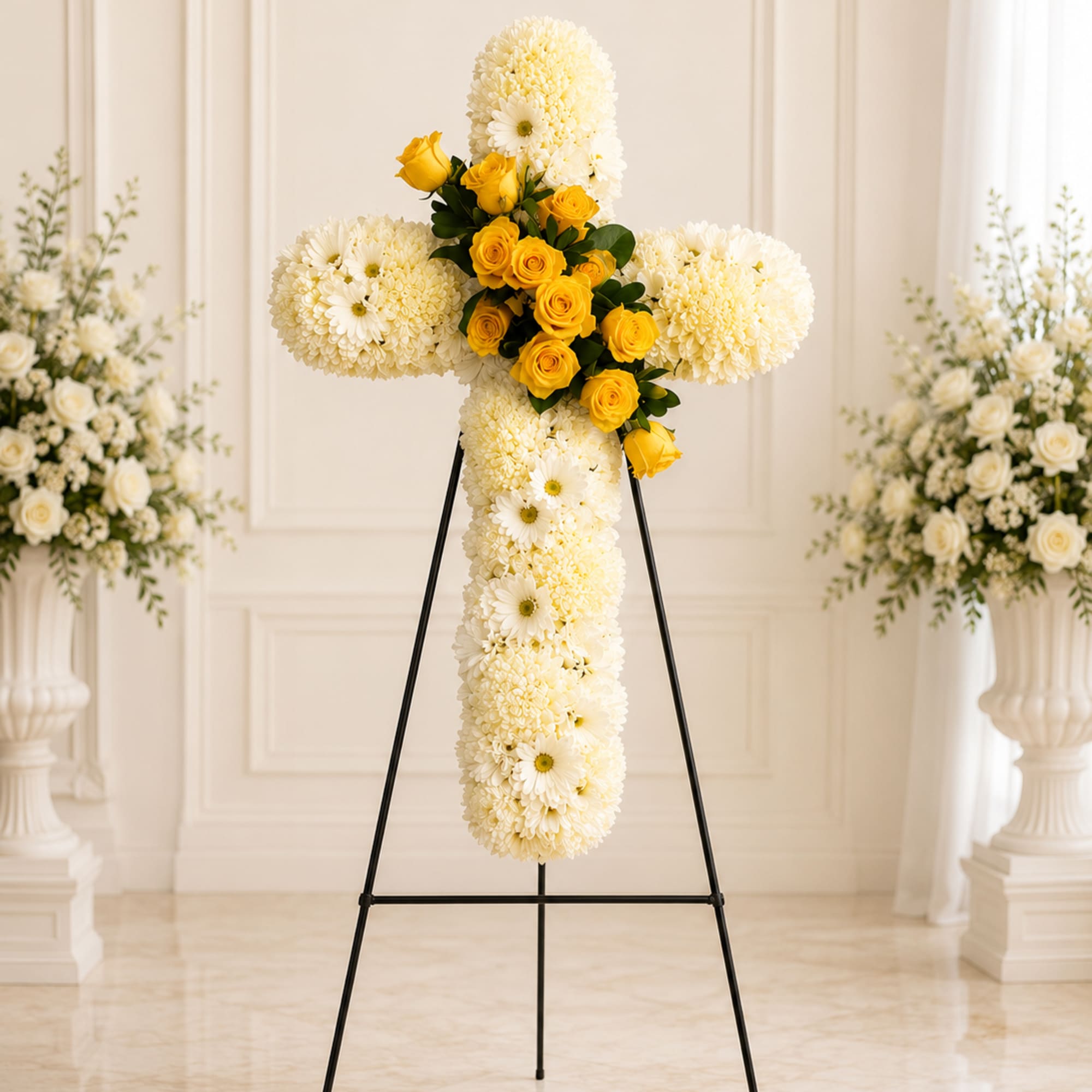 This graceful floral cross is a radiant tribute of peace and hope