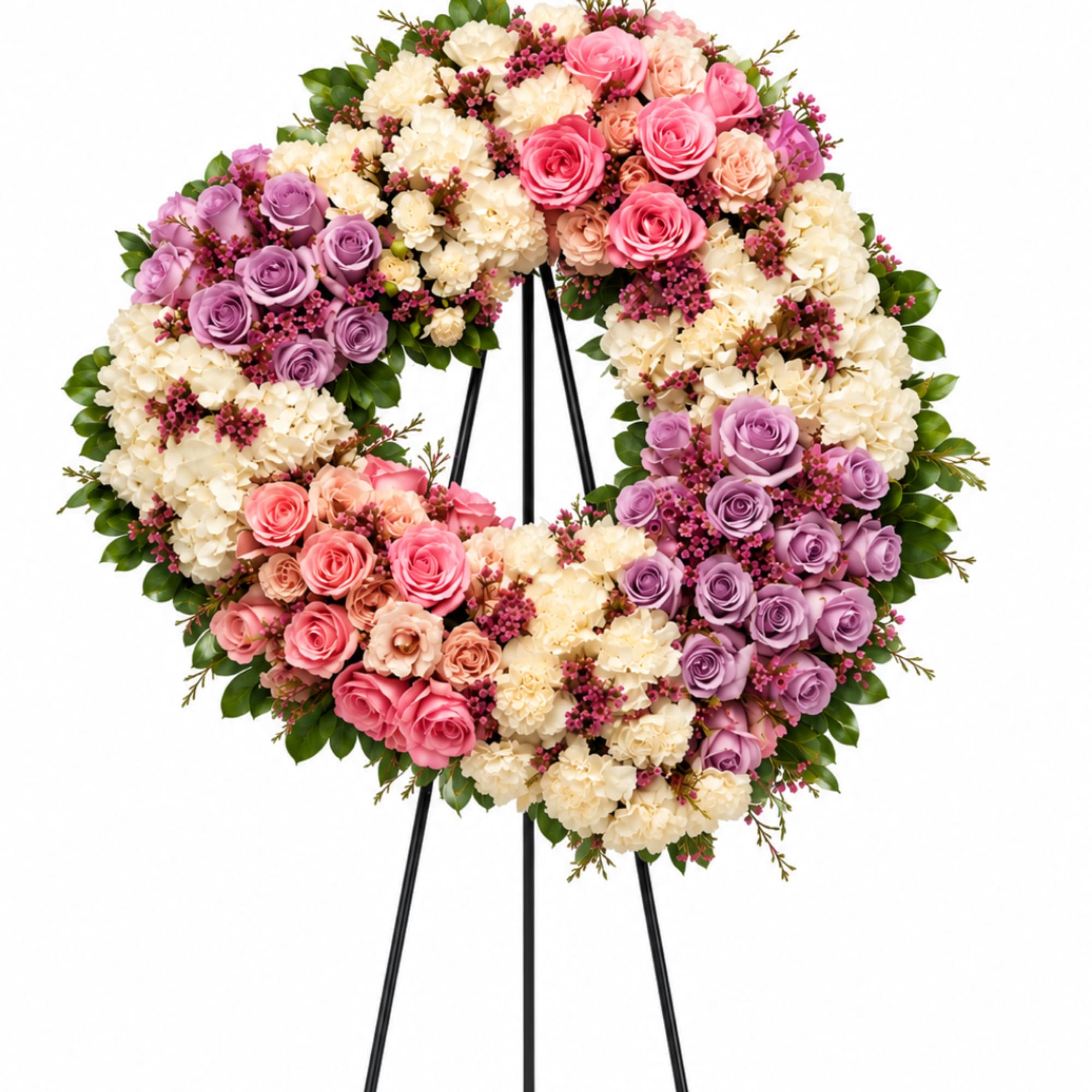 Heart-shaped floral wreath on a stand with pink, purple, and cream flowers