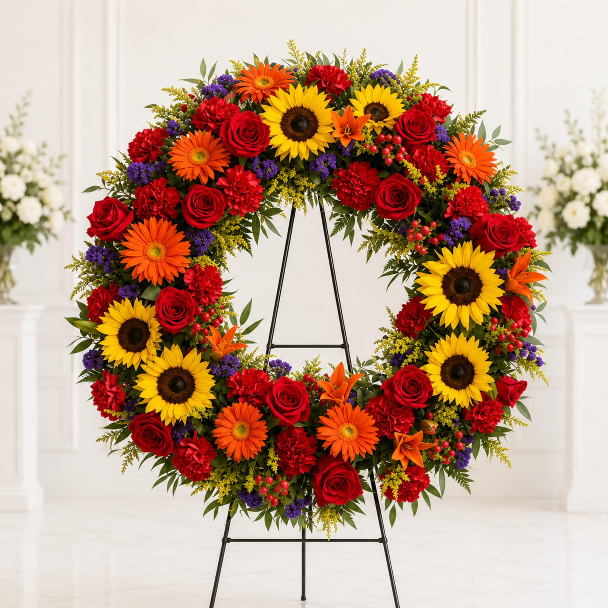 Our Tuscan wreath is a vibrant mix of yellow, red and orange