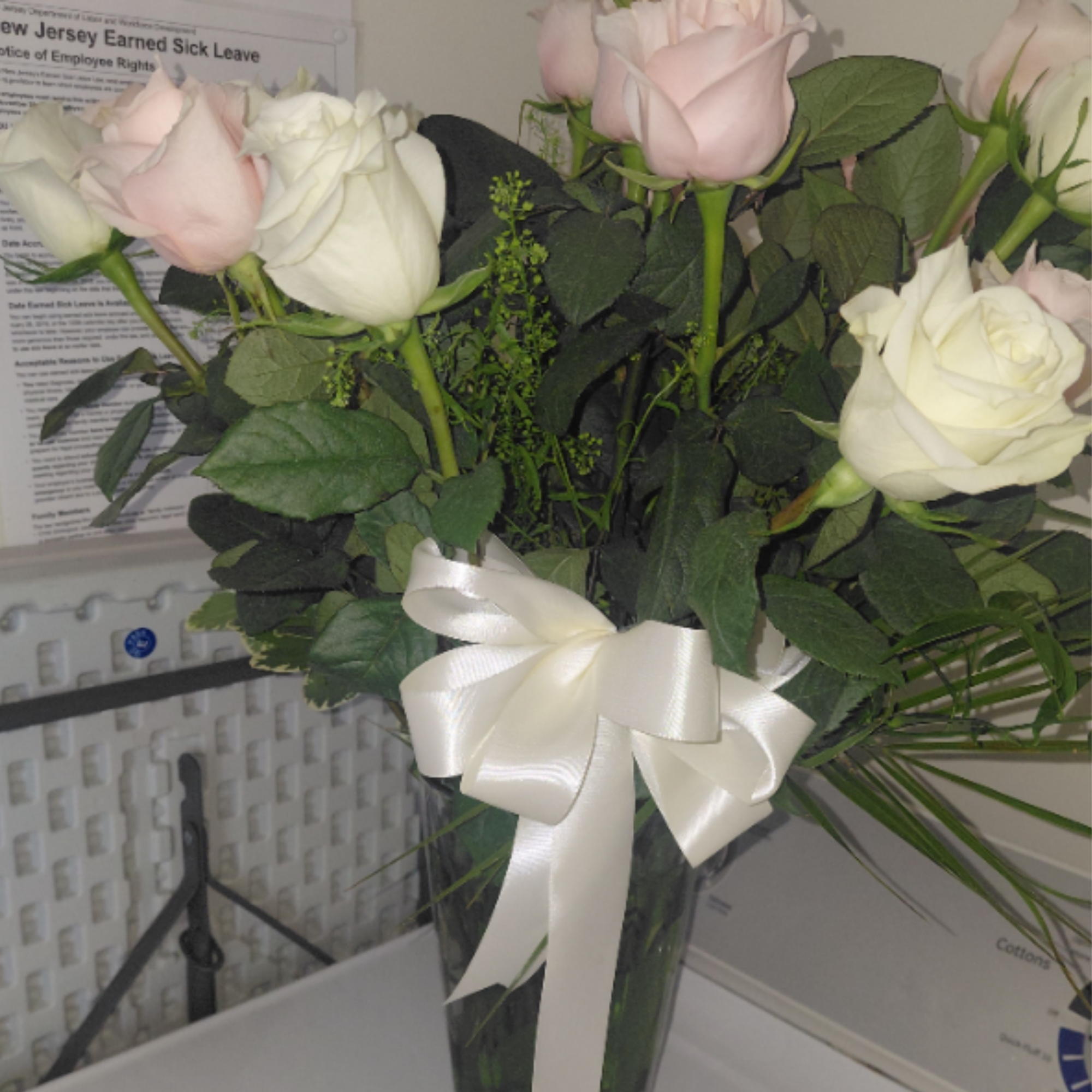 Picture  has Assorted Pastel Colored  Roses  in a Tall, photo 3 of 3