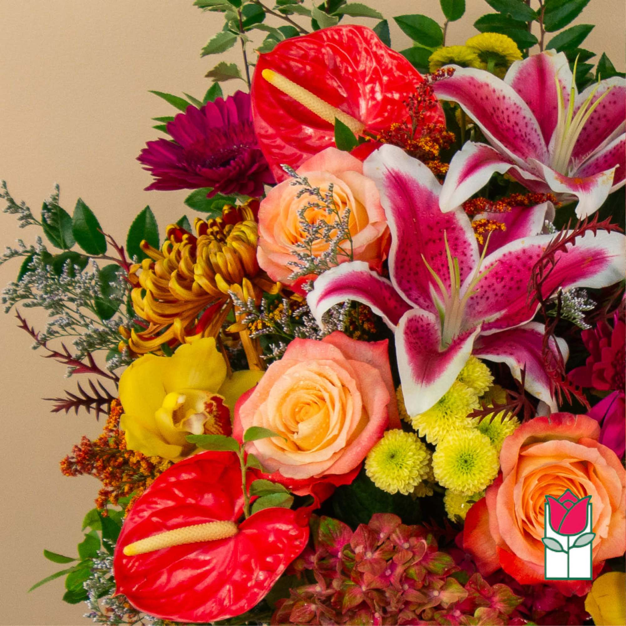 Colorful bouquet with lilies, roses, and anthuriums
