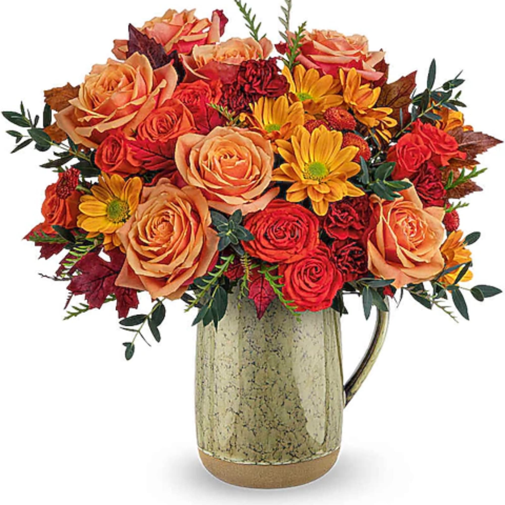 Bouquet of peach and red roses with yellow daisies in a ceramic pitcher