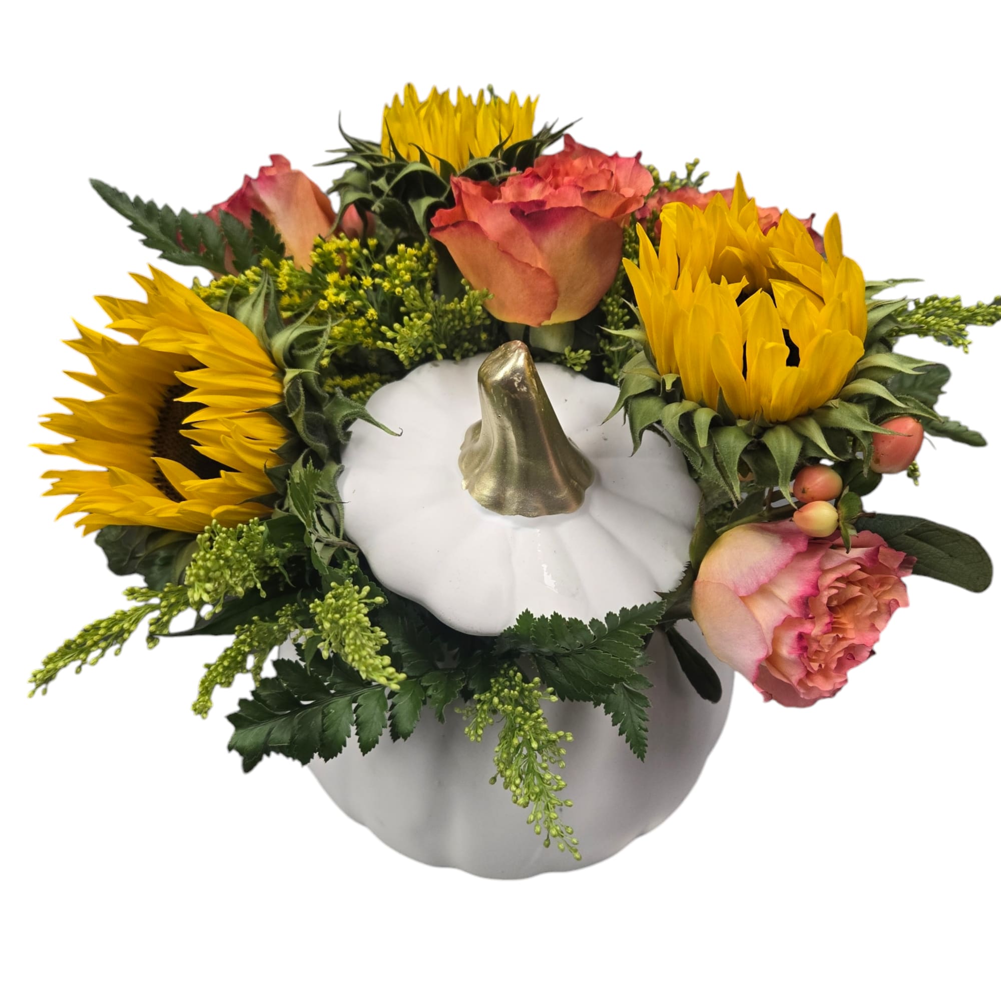 Pumpkin-shaped floral arrangement with sunflowers and roses