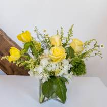 Yellow roses and tulips with white hydrangeas and green pom flowers in a clear glass cube vase