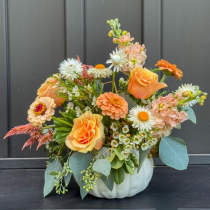 Low arrangement of peach roses, zinnias, and white daisies in a white ceramic pumpkin vase