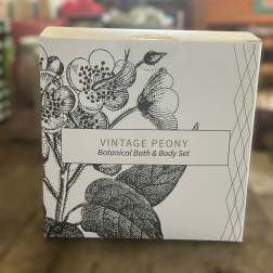 Box labeled Vintage Peony Botanical Bath & Body Set