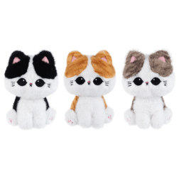 Three plush cat toys in black, orange, and gray sit side by side.