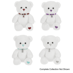 Four white teddy bears with colored heart accents and collars on a green background.