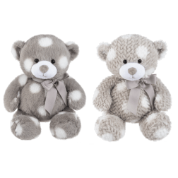 Two plush teddy bears with gray and cream fur and ribbon bows