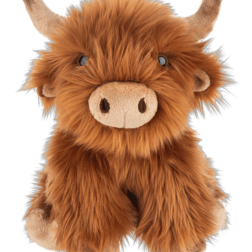 Plush brown highland cow toy with horns and a shaggy coat