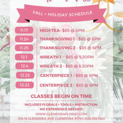 Pink floral class schedule poster with dates and wreath and centerpiece listings