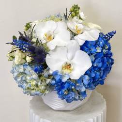White orchids and blue hydrangeas arranged in a white vase