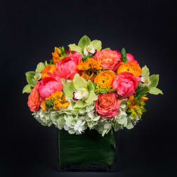 Bright mixed flower arrangement in a square glass vase