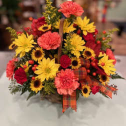 Basket arrangement of yellow daisies, red blooms, and pink carnations with plaid ribbon