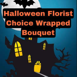 Halloween-themed graphic with bats, a haunted house, and bold text.