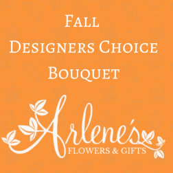 Orange floral shop graphic with the text "Fall Designers Choice Bouquet"