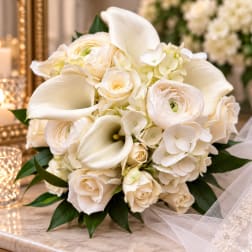 White bridal bouquet with calla lilies, roses, and hydrangeas