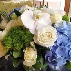White orchids, roses, and blue hydrangeas in a glass vase