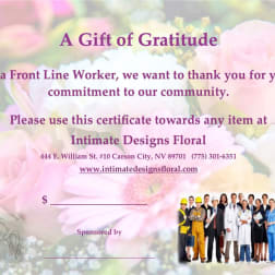 Floral gift certificate with pink and white roses in the background