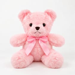 Pink plush teddy bear with a satin bow on a white background