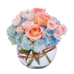 Pink and peach roses with blue hydrangeas in a glass vase