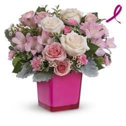 Pink and white rose bouquet in a bright pink vase with a ribbon icon