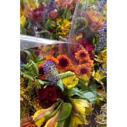 Bright mixed bouquet of yellow alstroemeria, orange mums, and purple blooms wrapped in clear cellophane