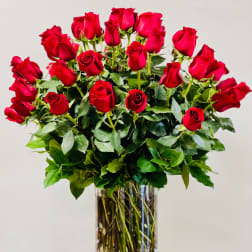 Red roses arranged in a clear glass vase