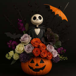 Halloween floral arrangement with roses and a Jack Skellington figure in a pumpkin