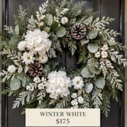 White winter wreath with pinecones and greenery on a dark door