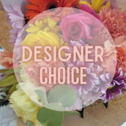 Colorful mixed flower bouquet with a "Designer Choice" overlay