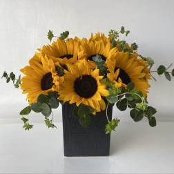Sunflower arrangement in a black rectangular vase