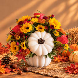 Fall floral arrangement in a white pumpkin vase with sunflowers and roses