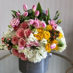 Bella - Hypericum Berries, Tulips, Licentious, Lush White Hydrangeas and more!