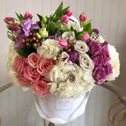 VIctoria - light and dark pink roses, spray roses, myrtle, curly willow, tulips, licentious, greenery, wax flowers, hypericum berries and lu