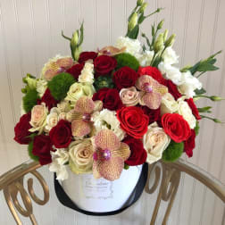 Zara - phalaenopsis orchids, red and white roses, licentious and lush green dianthus