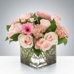 Low arrangement of pale pink roses and gerberas in a clear glass cube vase