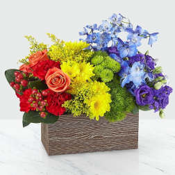 Colorful mixed bouquet in a wood-look rectangular box